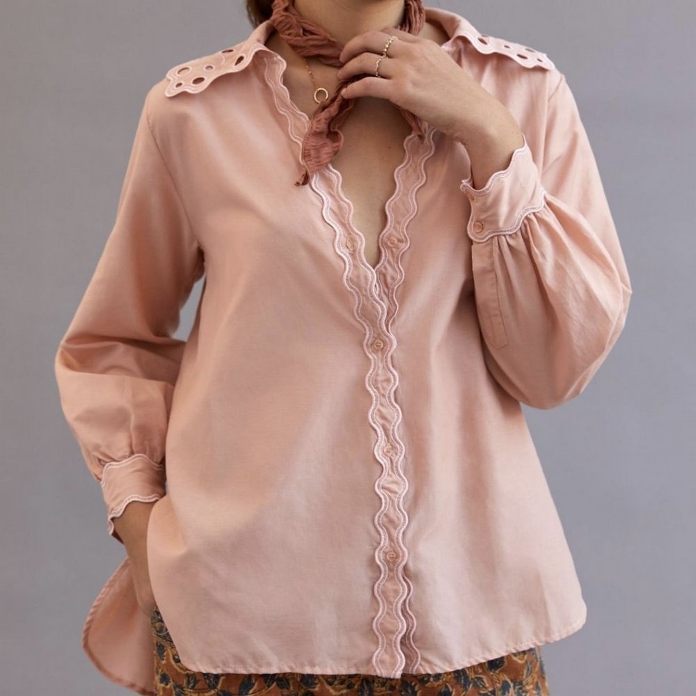 Magali Pascal Women's Pink Eyelet‎ Trim Long Sleeve Button Down Blouse Size M